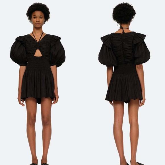 Sea New York Plus Size Black Tiered Puff Sleeve Romper Dress 14 - Picture 1 of 6